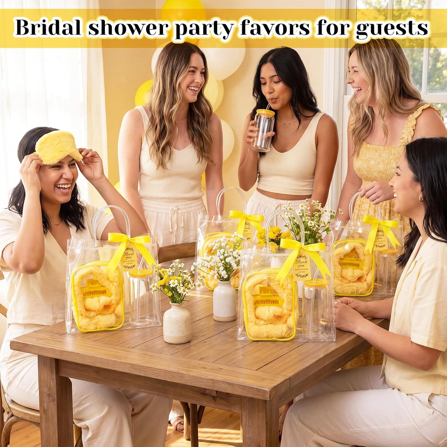 48 Pcs/6 Sets Baby Shower Prizes Winners Include Glass Cans Spa Headband Plush Sleep Eye Mask Hair Claw Clips Clear Cosmetic Bags Baby Shower Player Winner Gifts Bridal Game Gifts(Yellow)