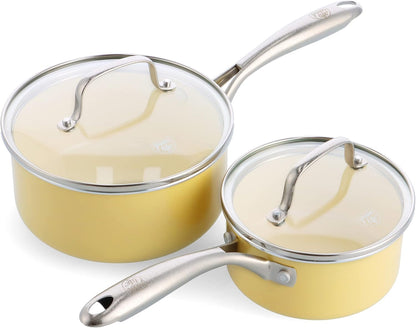 Artisan Healthy Ceramic Nonstick, 1QT and 2QT Saucepan Pot Set with Lids, Stainless Steel Handle, Induction, PFAS-Free, Dishwasher Safe, Oven Safe, Yellow