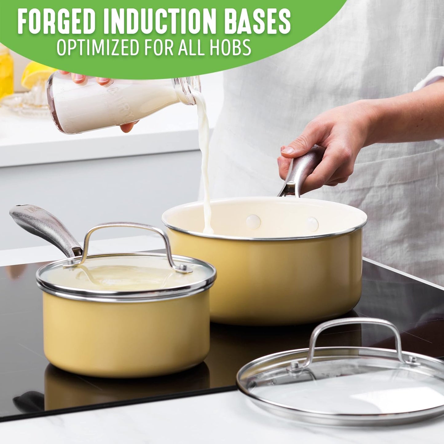 Artisan Healthy Ceramic Nonstick, 1QT and 2QT Saucepan Pot Set with Lids, Stainless Steel Handle, Induction, PFAS-Free, Dishwasher Safe, Oven Safe, Yellow