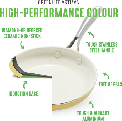 Artisan Healthy Ceramic Nonstick, 1QT and 2QT Saucepan Pot Set with Lids, Stainless Steel Handle, Induction, PFAS-Free, Dishwasher Safe, Oven Safe, Yellow