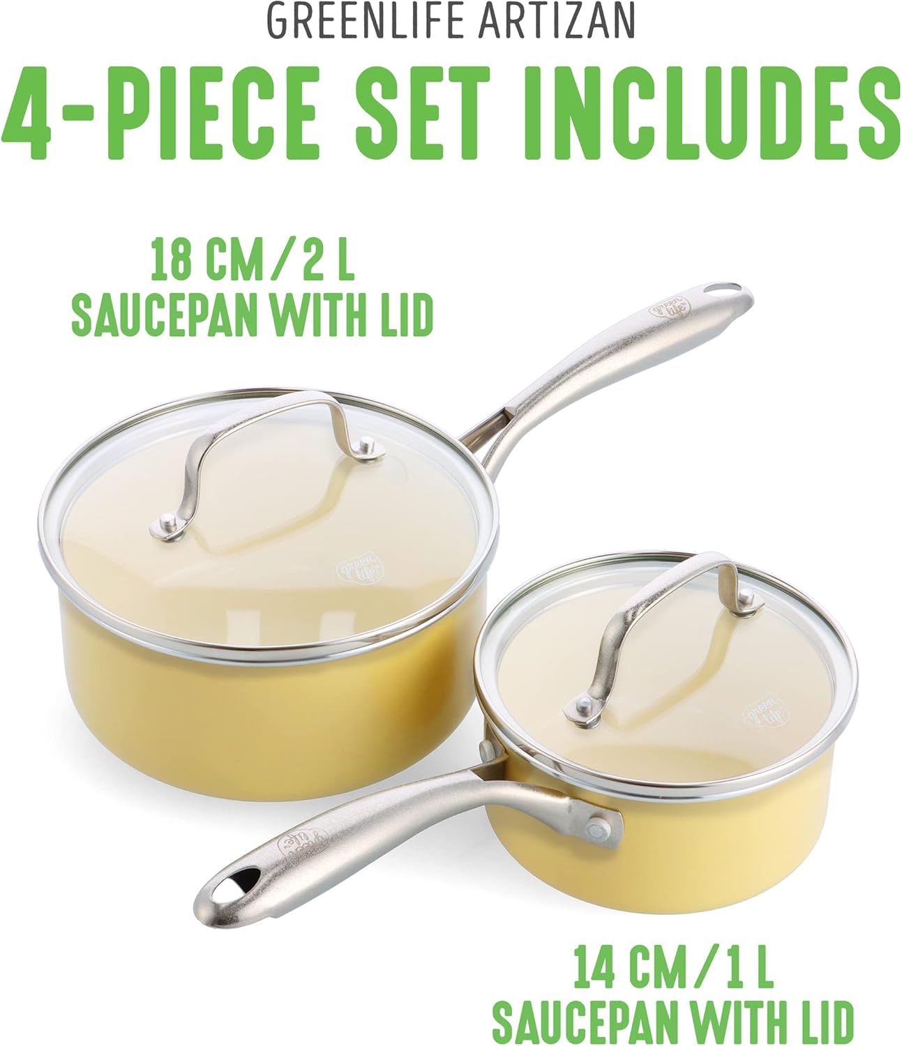 Artisan Healthy Ceramic Nonstick, 1QT and 2QT Saucepan Pot Set with Lids, Stainless Steel Handle, Induction, PFAS-Free, Dishwasher Safe, Oven Safe, Yellow