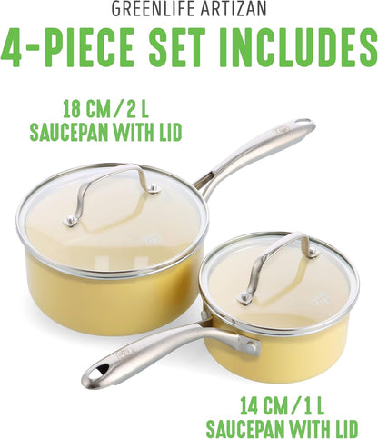 Artisan Healthy Ceramic Nonstick, 1QT and 2QT Saucepan Pot Set with Lids, Stainless Steel Handle, Induction, PFAS-Free, Dishwasher Safe, Oven Safe, Yellow