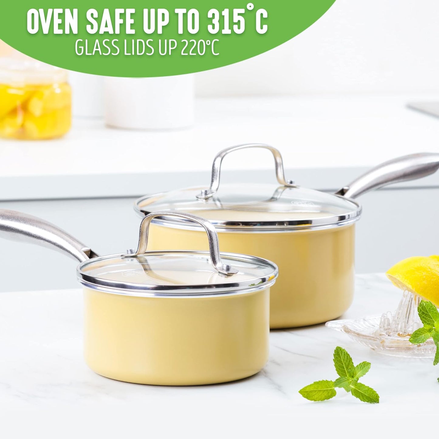Artisan Healthy Ceramic Nonstick, 1QT and 2QT Saucepan Pot Set with Lids, Stainless Steel Handle, Induction, PFAS-Free, Dishwasher Safe, Oven Safe, Yellow