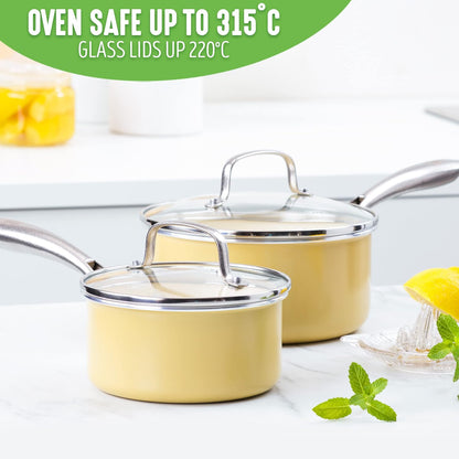 Artisan Healthy Ceramic Nonstick, 1QT and 2QT Saucepan Pot Set with Lids, Stainless Steel Handle, Induction, PFAS-Free, Dishwasher Safe, Oven Safe, Yellow