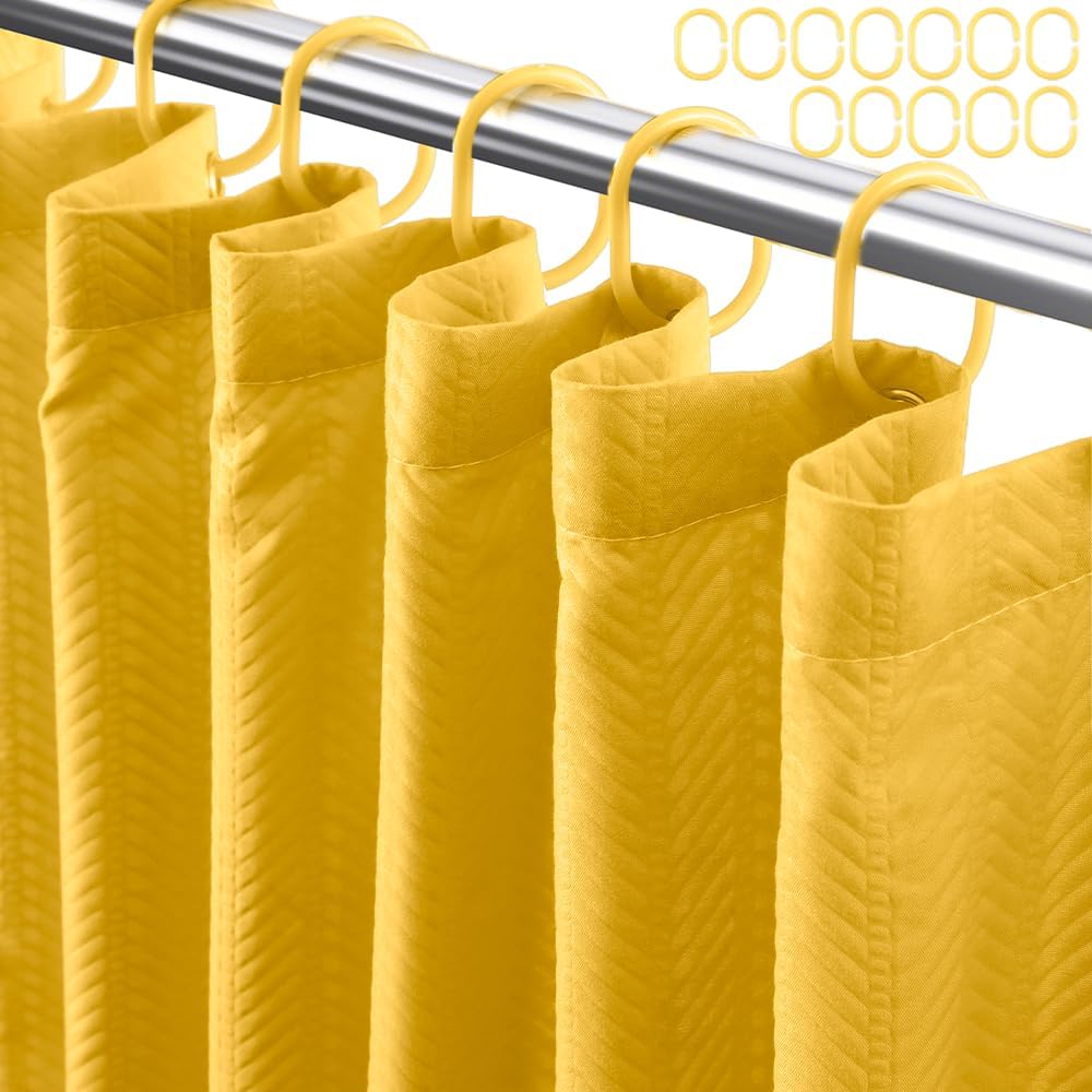 Yellow Fabric Shower Curtain or Liner - Leaf Weave Textured Thin Cloth Shower Curtains for Bathroom, Hotel Luxury Light Weighted Bath Curtain Set with 12 Hooks,72x72, Yellow