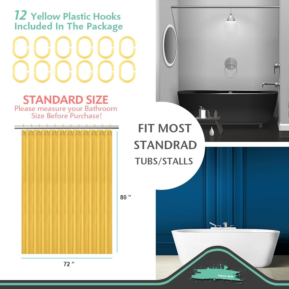 Yellow Fabric Shower Curtain or Liner - Leaf Weave Textured Thin Cloth Shower Curtains for Bathroom, Hotel Luxury Light Weighted Bath Curtain Set with 12 Hooks,72x72, Yellow