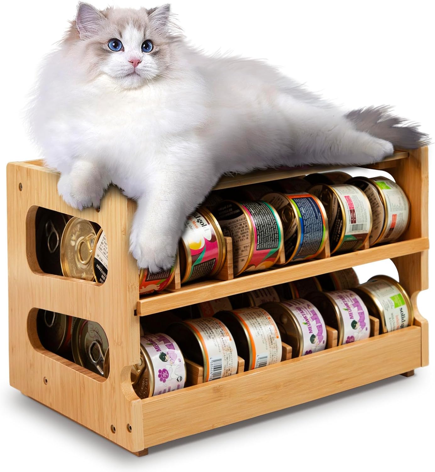 Cat Food Can Organizer, Bamboo 2-Tier FIFO Can Dispenser | 2-tier shelf holds up to 36 standard 3 oz wet cat food cans. Stackable pantry organizer for cabinets, counters
