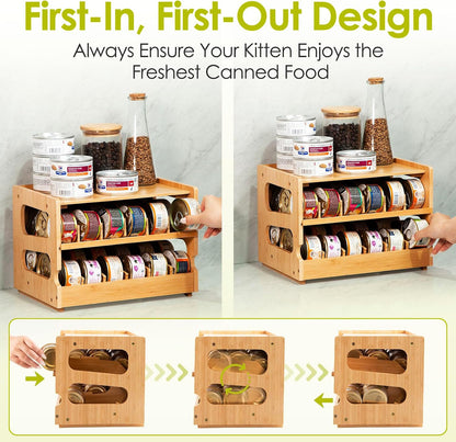 Cat Food Can Organizer, Bamboo 2-Tier FIFO Can Dispenser | 2-tier shelf holds up to 36 standard 3 oz wet cat food cans. Stackable pantry organizer for cabinets, counters