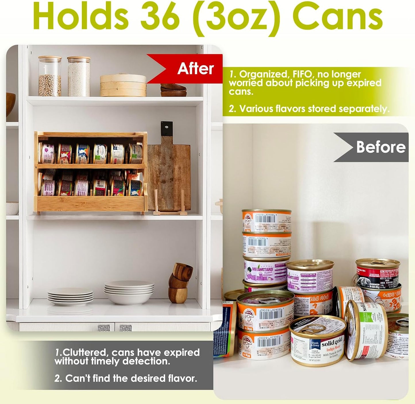 Cat Food Can Organizer, Bamboo 2-Tier FIFO Can Dispenser | 2-tier shelf holds up to 36 standard 3 oz wet cat food cans. Stackable pantry organizer for cabinets, counters