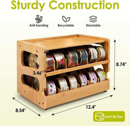 Cat Food Can Organizer, Bamboo 2-Tier FIFO Can Dispenser | 2-tier shelf holds up to 36 standard 3 oz wet cat food cans. Stackable pantry organizer for cabinets, counters