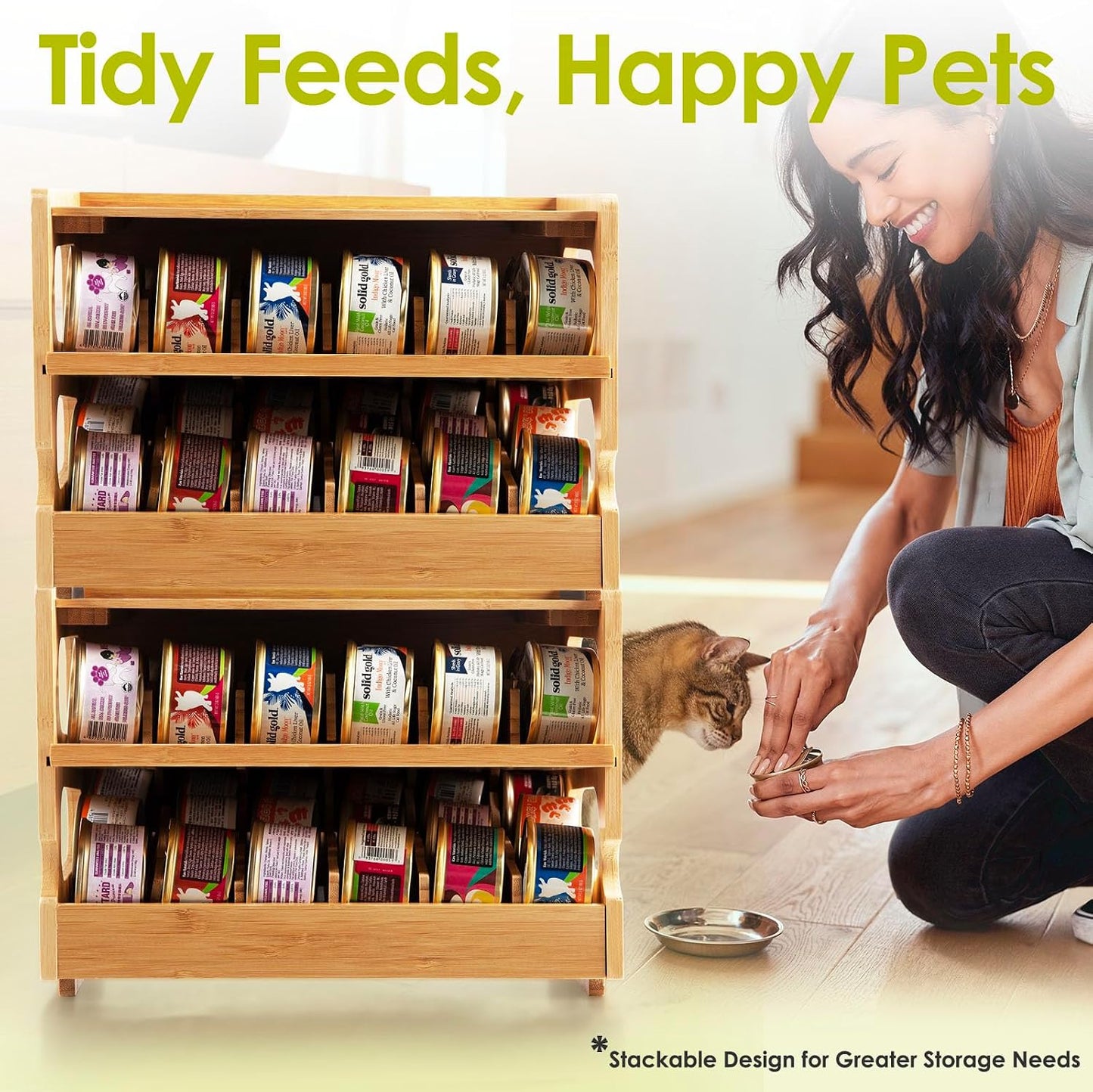 Cat Food Can Organizer, Bamboo 2-Tier FIFO Can Dispenser | 2-tier shelf holds up to 36 standard 3 oz wet cat food cans. Stackable pantry organizer for cabinets, counters