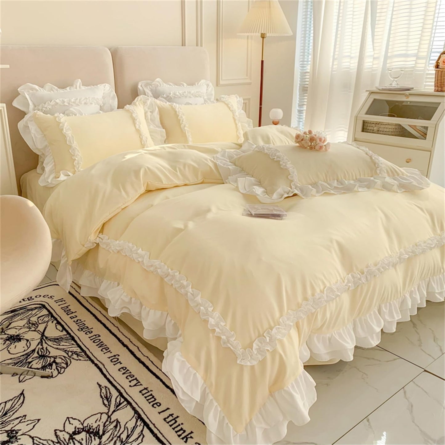 Chic Lace Bedding,Girls Twin Aesthetic Comforter Cover Set,Cute Princess Style Ruffled Duvet Cover with 2 Layers Ruffles, Zipper Closure-Yellow,Twin