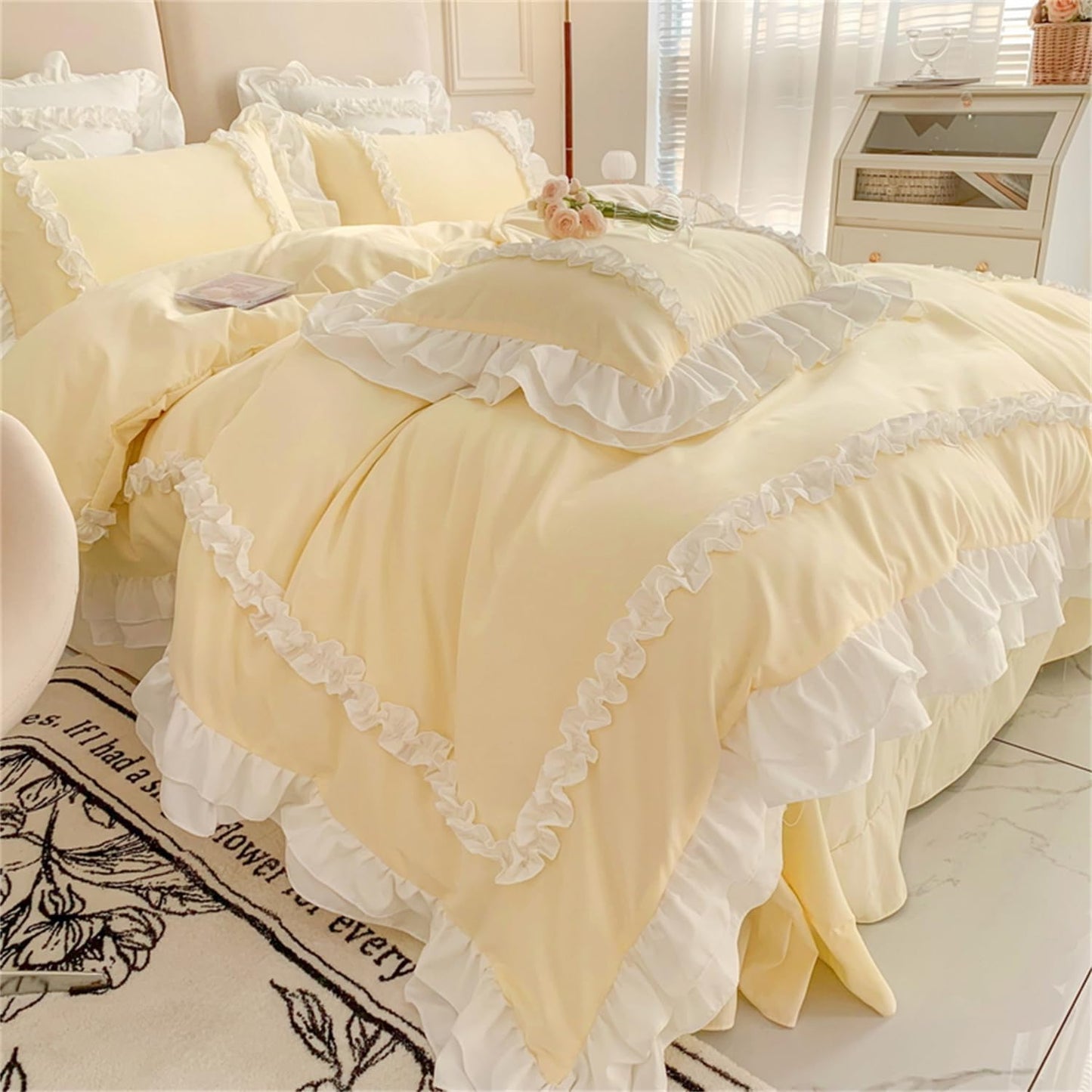 Chic Lace Bedding,Girls Twin Aesthetic Comforter Cover Set,Cute Princess Style Ruffled Duvet Cover with 2 Layers Ruffles, Zipper Closure-Yellow,Twin