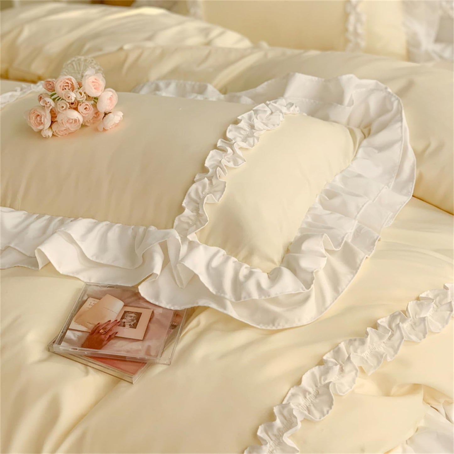 Chic Lace Bedding,Girls Twin Aesthetic Comforter Cover Set,Cute Princess Style Ruffled Duvet Cover with 2 Layers Ruffles, Zipper Closure-Yellow,Twin