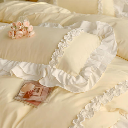 Chic Lace Bedding,Girls Twin Aesthetic Comforter Cover Set,Cute Princess Style Ruffled Duvet Cover with 2 Layers Ruffles, Zipper Closure-Yellow,Twin