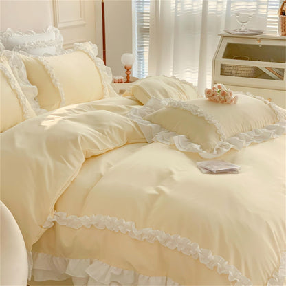Chic Lace Bedding,Girls Twin Aesthetic Comforter Cover Set,Cute Princess Style Ruffled Duvet Cover with 2 Layers Ruffles, Zipper Closure-Yellow,Twin