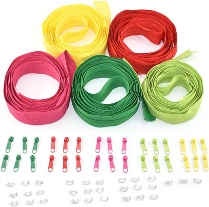 #3 Nylon Coil Sewing Zippers 5 Colors 13.6 Yards with 30pcs Zipper Sliders and Zippers Stops for DIY Sewing Tailor Craft Supplies (Rose, Light Green, Green, Red, Yellow)