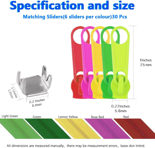 #3 Nylon Coil Sewing Zippers 5 Colors 13.6 Yards with 30pcs Zipper Sliders and Zippers Stops for DIY Sewing Tailor Craft Supplies (Rose, Light Green, Green, Red, Yellow)