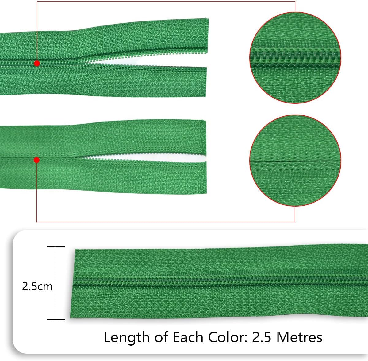 #3 Nylon Coil Sewing Zippers 5 Colors 13.6 Yards with 30pcs Zipper Sliders and Zippers Stops for DIY Sewing Tailor Craft Supplies (Rose, Light Green, Green, Red, Yellow)