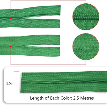 #3 Nylon Coil Sewing Zippers 5 Colors 13.6 Yards with 30pcs Zipper Sliders and Zippers Stops for DIY Sewing Tailor Craft Supplies (Rose, Light Green, Green, Red, Yellow)