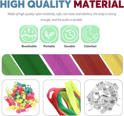 #3 Nylon Coil Sewing Zippers 5 Colors 13.6 Yards with 30pcs Zipper Sliders and Zippers Stops for DIY Sewing Tailor Craft Supplies (Rose, Light Green, Green, Red, Yellow)