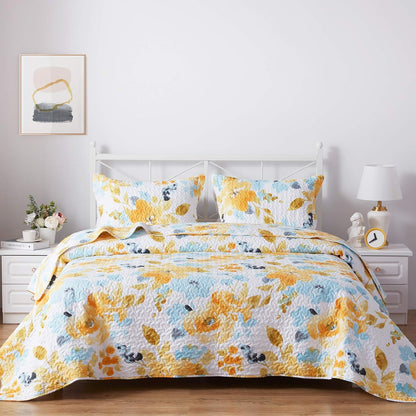 Floral Quilt King Size, Soft Durable Quilted Bedspread Lightweight Comforter Reversible Boho Printed Bed Coverlet Blanket King Quilt Bedding Set with Pillow Shams for All Season 3 Pieces