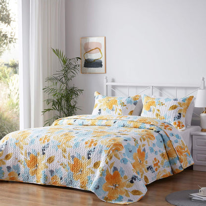 Floral Quilt King Size, Soft Durable Quilted Bedspread Lightweight Comforter Reversible Boho Printed Bed Coverlet Blanket King Quilt Bedding Set with Pillow Shams for All Season 3 Pieces