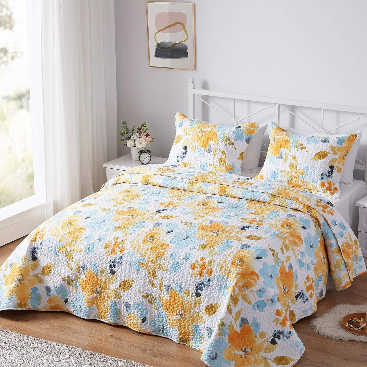 Floral Quilt King Size, Soft Durable Quilted Bedspread Lightweight Comforter Reversible Boho Printed Bed Coverlet Blanket King Quilt Bedding Set with Pillow Shams for All Season 3 Pieces