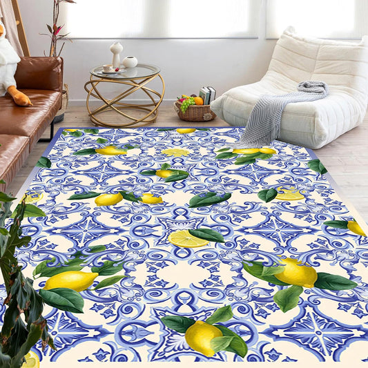 Blue and White Yellow Lemon Pattern Vintage Rug 2x3 Retro Tiles Washable Indoor Area Rugs for Bedroom Living Room Dining Room Non Skid Large Carpet Rustic Art Deco Nursery Home Office Floor Cover