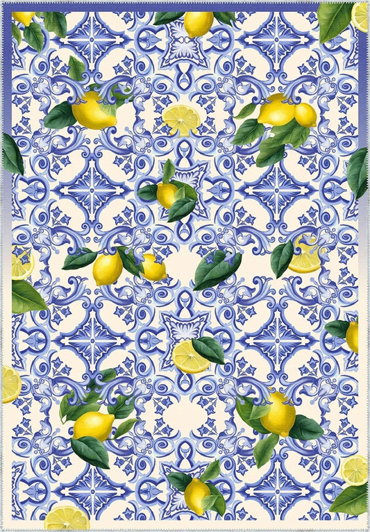 Blue and White Yellow Lemon Pattern Vintage Rug 2x3 Retro Tiles Washable Indoor Area Rugs for Bedroom Living Room Dining Room Non Skid Large Carpet Rustic Art Deco Nursery Home Office Floor Cover