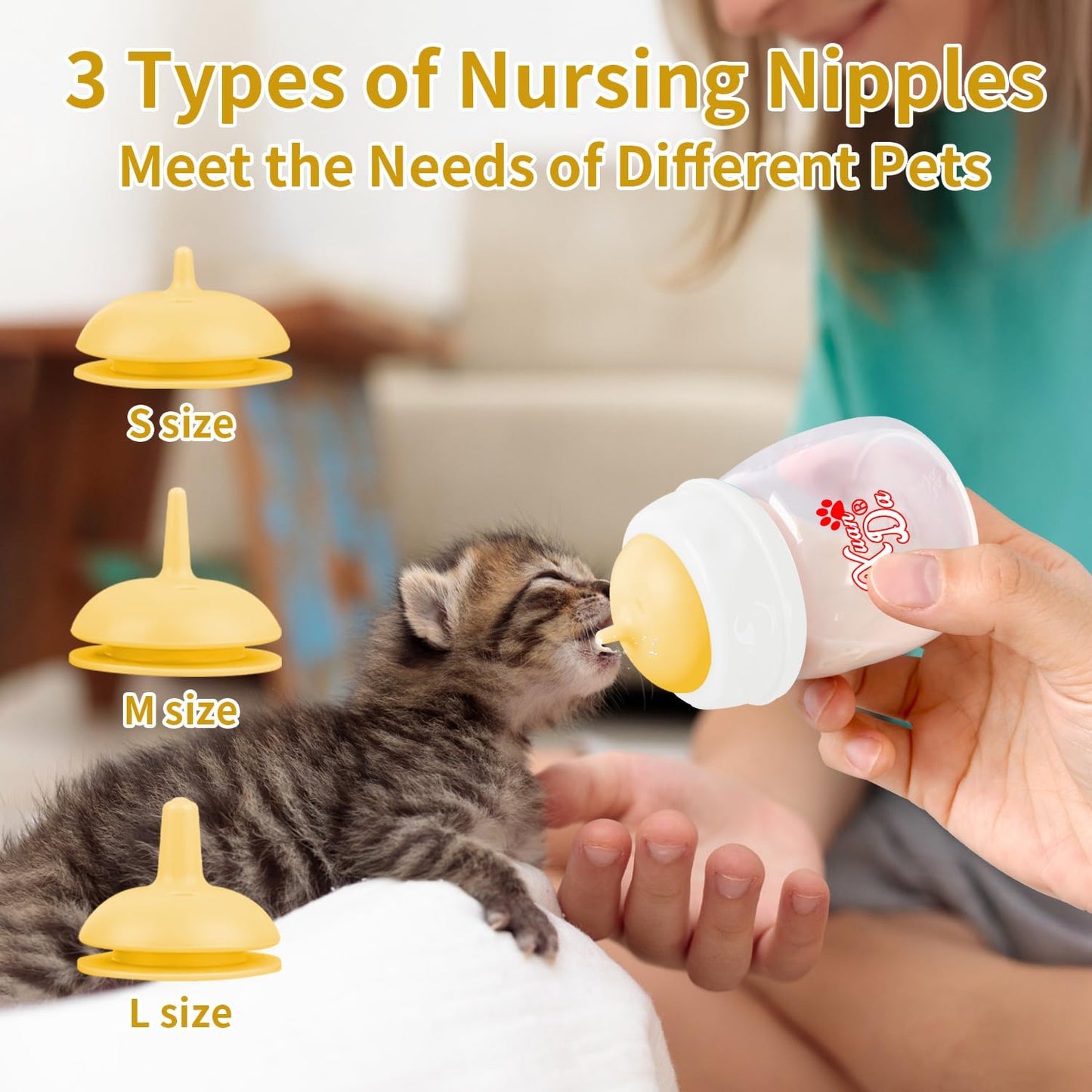 Pet Feeding Bottle,3 Pack 60ml Nursing Bottle, 3 Sizes Nipples with Ventilation Valve Resistant Tearing Perfect for Puppies, Kittens, Small Wildlife(Yellow)
