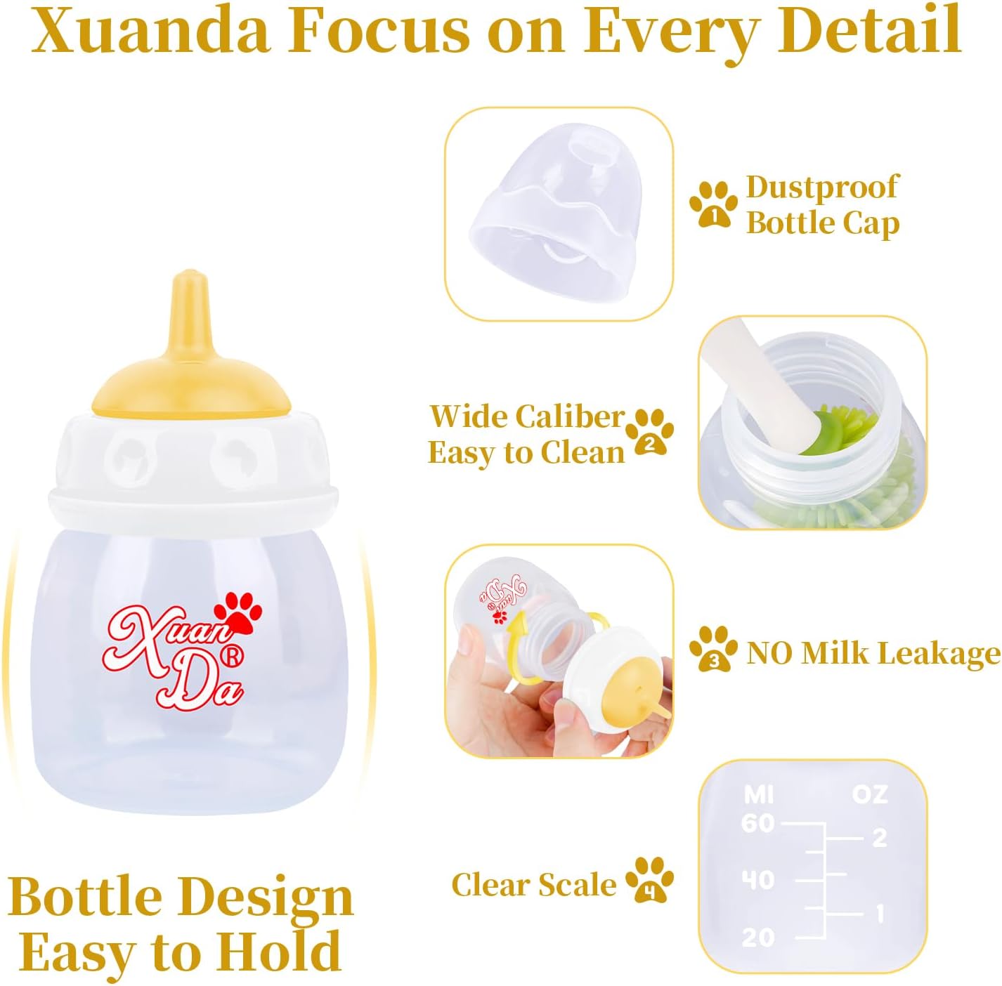 Pet Feeding Bottle,3 Pack 60ml Nursing Bottle, 3 Sizes Nipples with Ventilation Valve Resistant Tearing Perfect for Puppies, Kittens, Small Wildlife(Yellow)