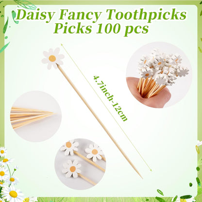 Spring Daisy Cocktail Picks 100 pcs Floral Decorative Toothpicks for Appetizers Fruit Sticks Food Sandwich Sunflower Daisy Decorations Party Supplies for Valentine's Day Birthday Wedding Baby Shower