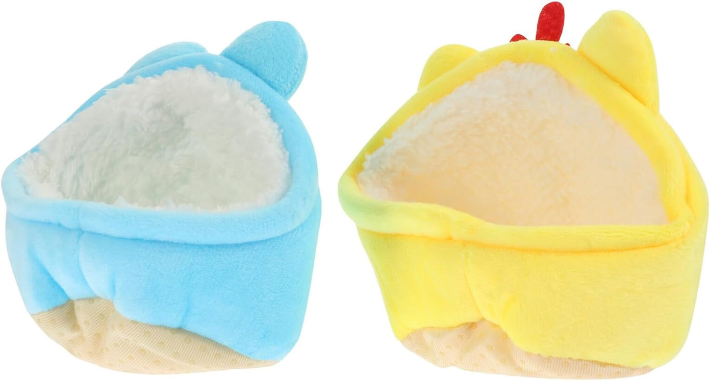 2pcs Hamster Cave and Warm Cotton Pet Rest Bed Plush Winter Sleeping Nest for Small Pets Blue and Yellow Cozy Hamster Hideout and Squirrels