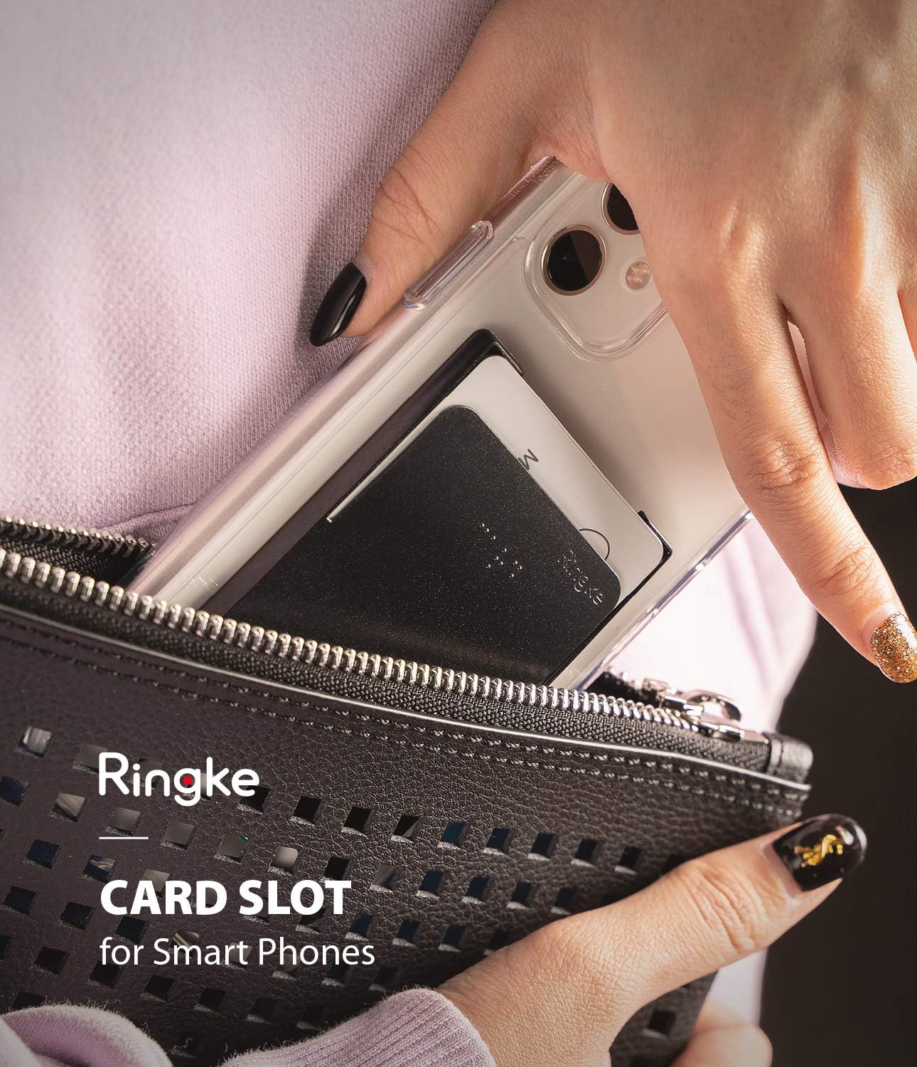 Slot Card Holder (2 Pack) Designed for Smartphones, Adhesive Stick On Wallet Case Minimalist Slim Hard Premium Credit Card Cash Sleeve - Black