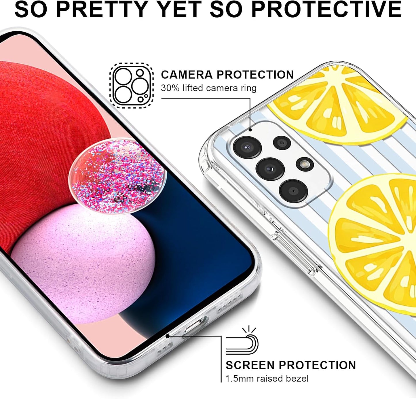 Light Blue White Striped Lemon Slice Transparent Phone Case for Samsung Galaxy A13 (4G) 6.6'' - Cute Summer Fruit Clear Protective Cover, Slim Shockproof TPU Case for Women Girls