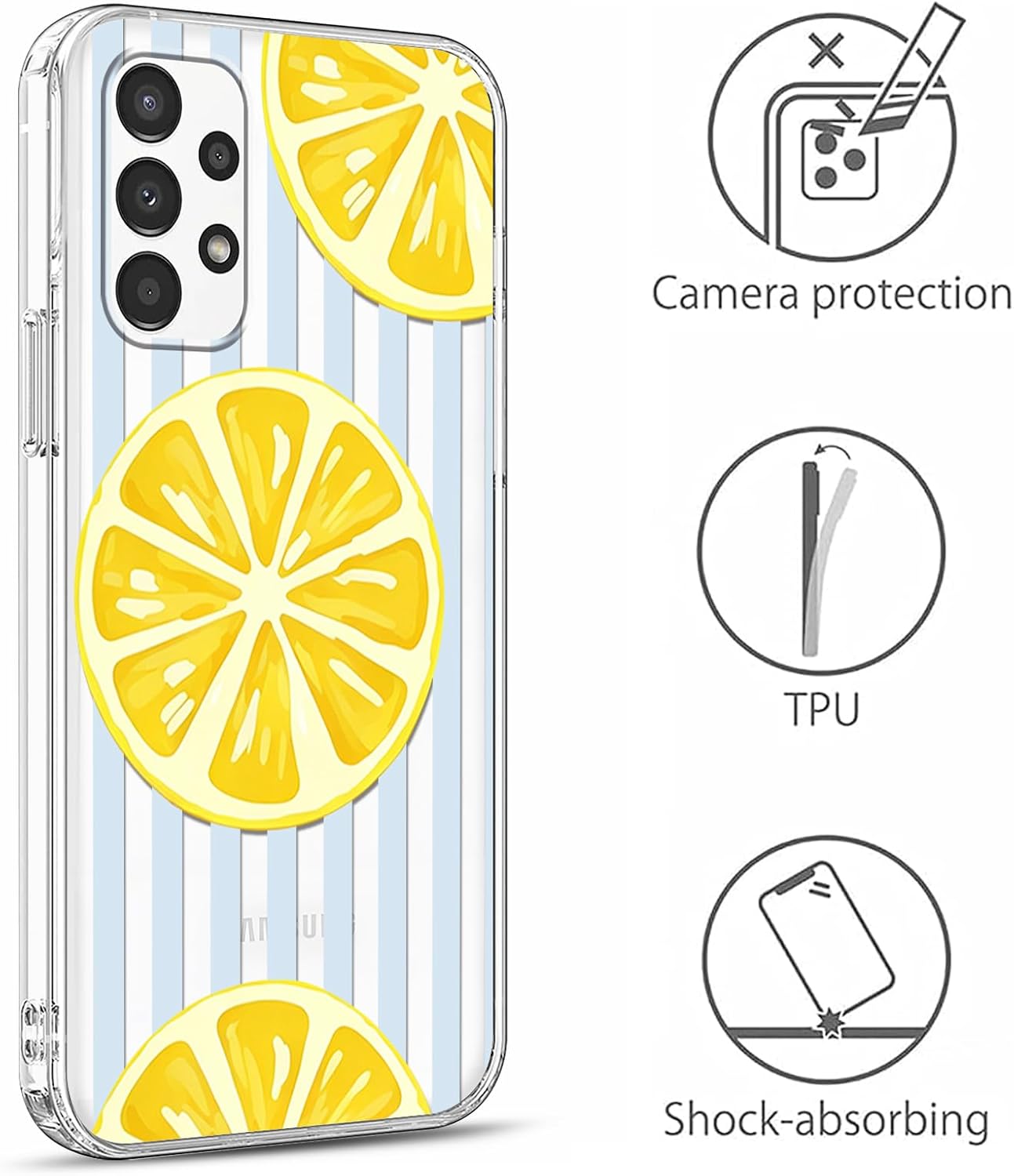 Light Blue White Striped Lemon Slice Transparent Phone Case for Samsung Galaxy A13 (4G) 6.6'' - Cute Summer Fruit Clear Protective Cover, Slim Shockproof TPU Case for Women Girls