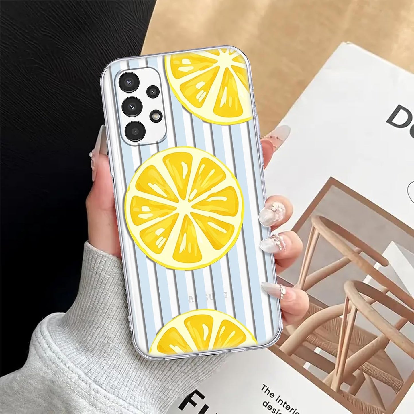 Light Blue White Striped Lemon Slice Transparent Phone Case for Samsung Galaxy A13 (4G) 6.6'' - Cute Summer Fruit Clear Protective Cover, Slim Shockproof TPU Case for Women Girls