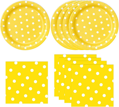 50PCS Yellow Polka Dot Paper Plates and Napkins Party Supplies, Yellow and White Party Plates and Napkins Tableware Set for Birthday Bridal & Baby Shower Wedding Party Decoration