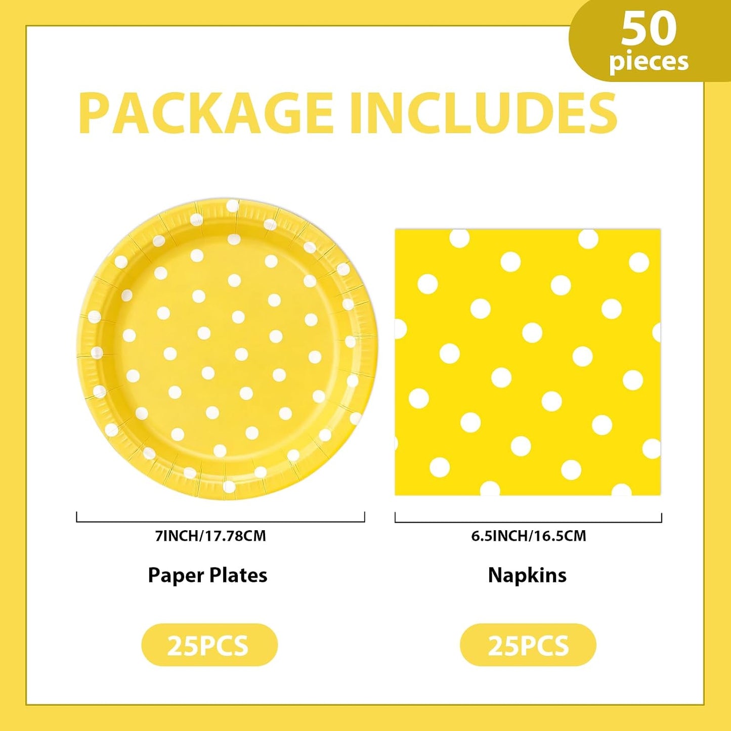 50PCS Yellow Polka Dot Paper Plates and Napkins Party Supplies, Yellow and White Party Plates and Napkins Tableware Set for Birthday Bridal & Baby Shower Wedding Party Decoration