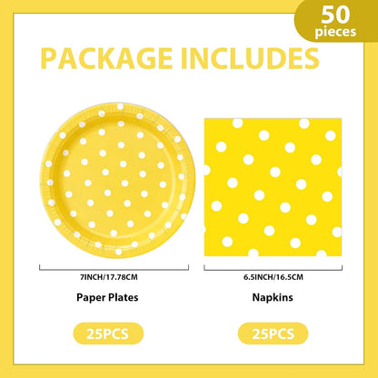 50PCS Yellow Polka Dot Paper Plates and Napkins Party Supplies, Yellow and White Party Plates and Napkins Tableware Set for Birthday Bridal & Baby Shower Wedding Party Decoration