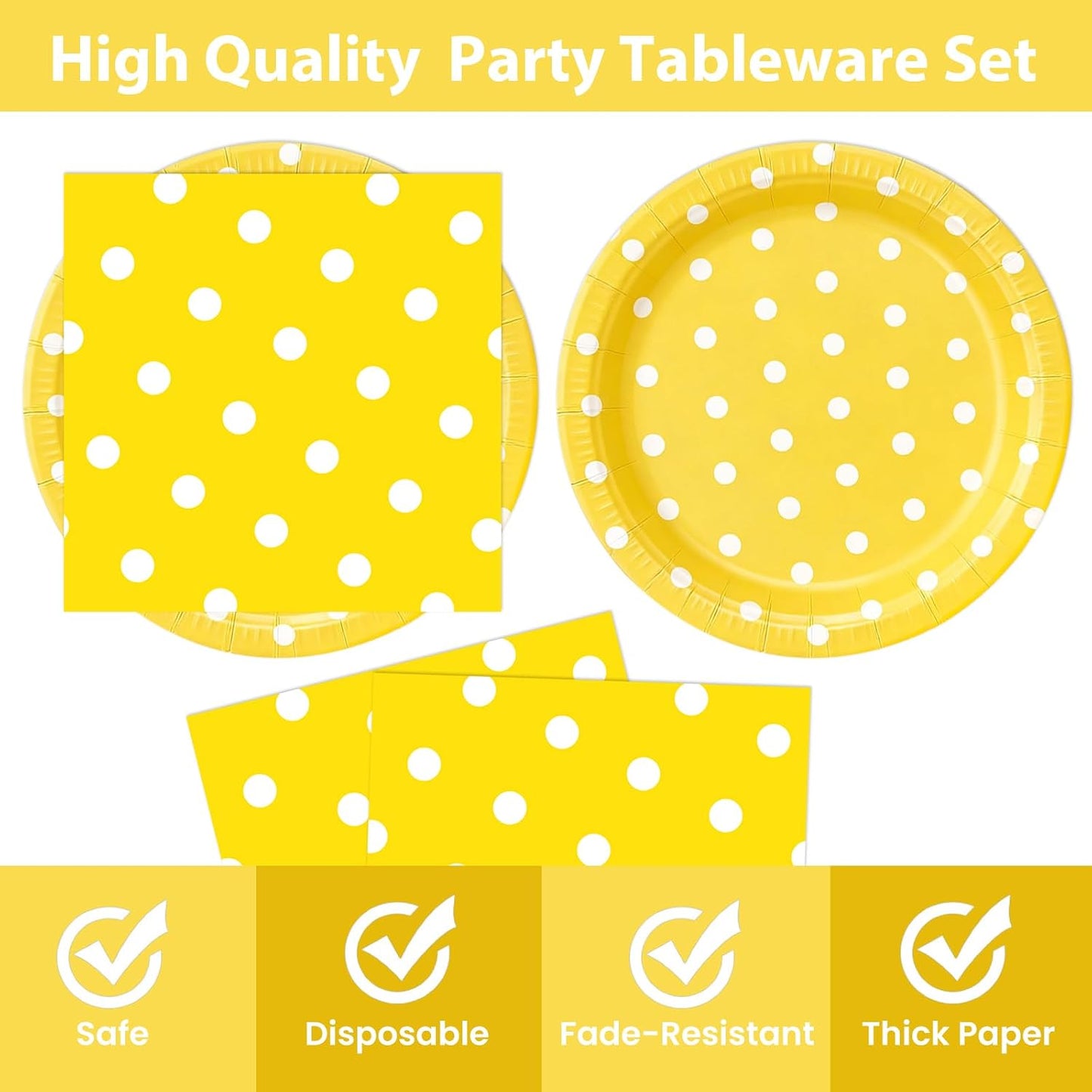 50PCS Yellow Polka Dot Paper Plates and Napkins Party Supplies, Yellow and White Party Plates and Napkins Tableware Set for Birthday Bridal & Baby Shower Wedding Party Decoration