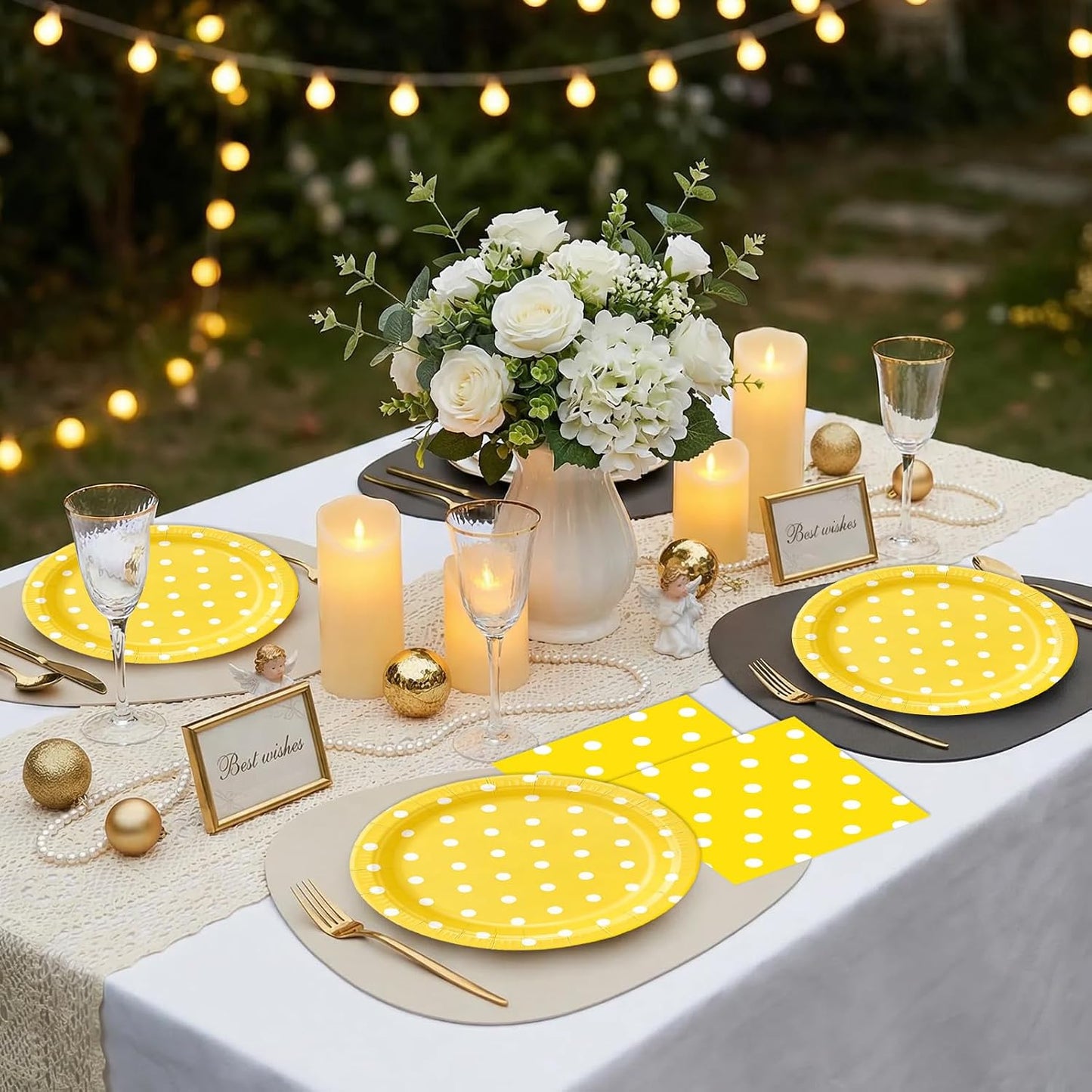 50PCS Yellow Polka Dot Paper Plates and Napkins Party Supplies, Yellow and White Party Plates and Napkins Tableware Set for Birthday Bridal & Baby Shower Wedding Party Decoration