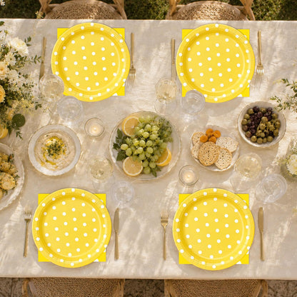 50PCS Yellow Polka Dot Paper Plates and Napkins Party Supplies, Yellow and White Party Plates and Napkins Tableware Set for Birthday Bridal & Baby Shower Wedding Party Decoration