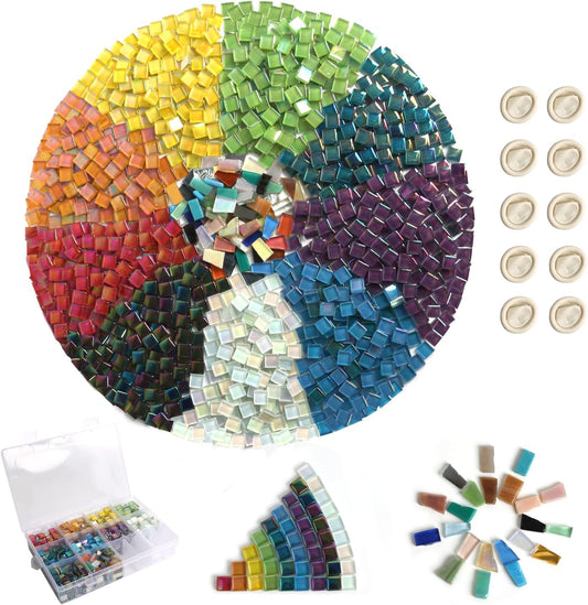 1.5lb Mosaic Tiles Assorted Iridescent Crystal Glass Mosaic Tile for Crafts | Multi Colors Mosaic Pieces Set with Storage Box 680g Bulk Tiles for DIY Picture Frames Handmade Ornament Art Decoration Gifts