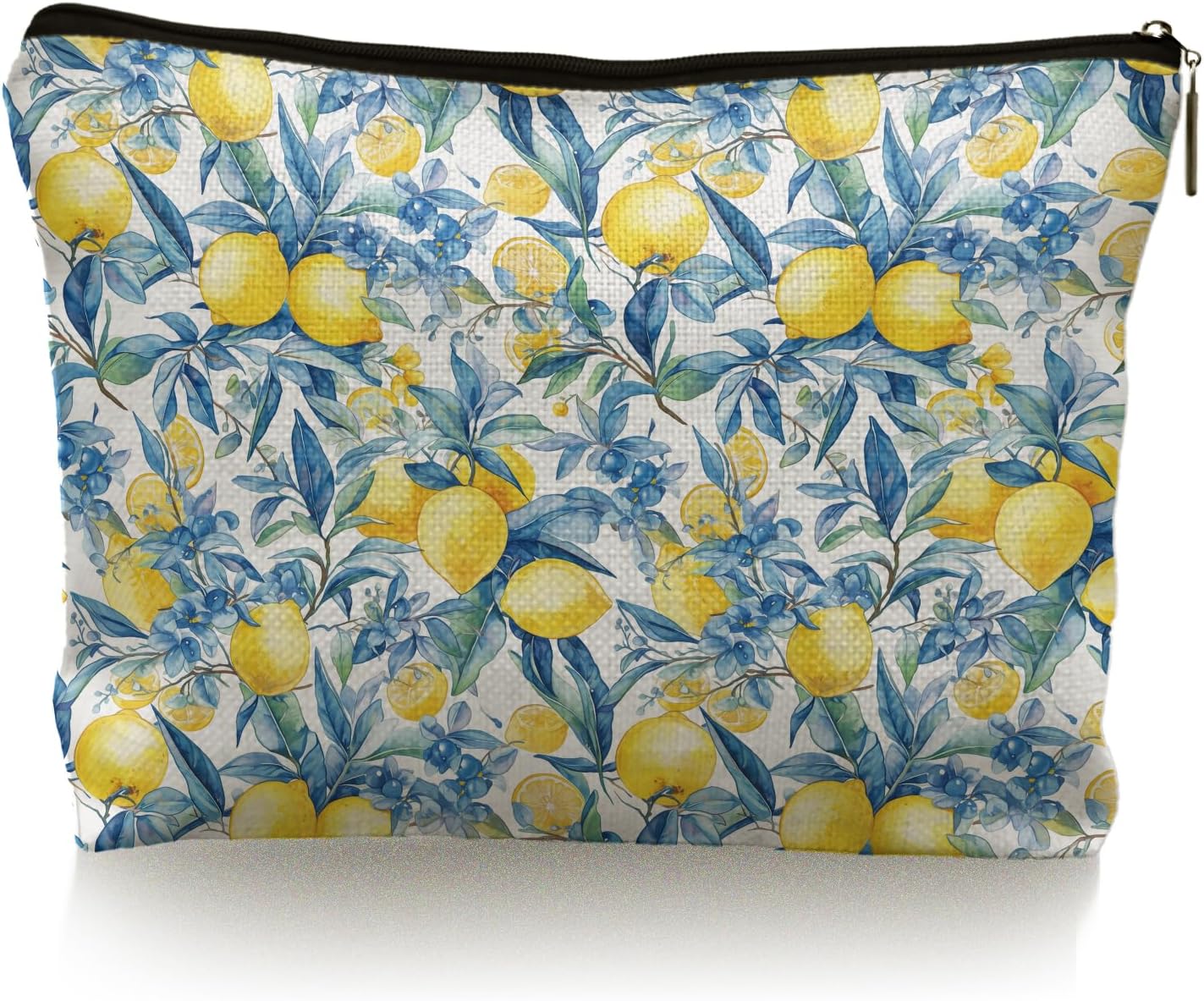 Blue Floral Bow Lemon Makeup Bag, Lemon Themed Gifts Cosmetic Bag for Women, Preppy Girly Summer Fruits Makeup Pouch,B104