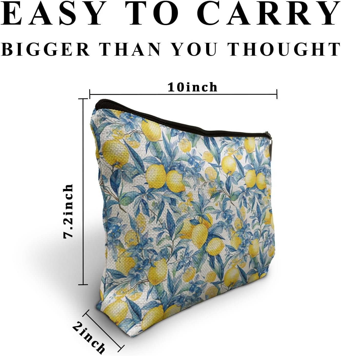 Blue Floral Bow Lemon Makeup Bag, Lemon Themed Gifts Cosmetic Bag for Women, Preppy Girly Summer Fruits Makeup Pouch,B104
