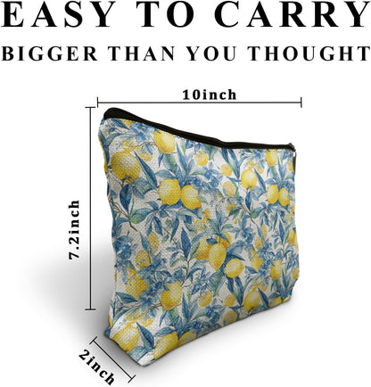 Blue Floral Bow Lemon Makeup Bag, Lemon Themed Gifts Cosmetic Bag for Women, Preppy Girly Summer Fruits Makeup Pouch,B104