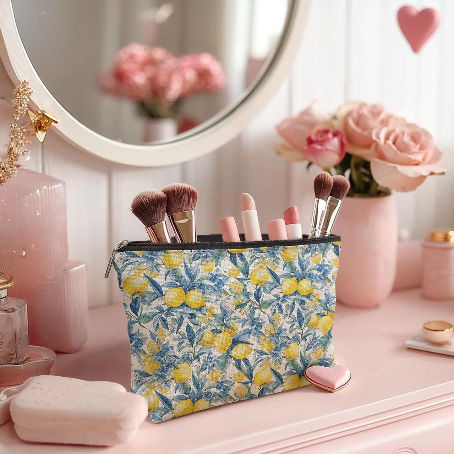 Blue Floral Bow Lemon Makeup Bag, Lemon Themed Gifts Cosmetic Bag for Women, Preppy Girly Summer Fruits Makeup Pouch,B104