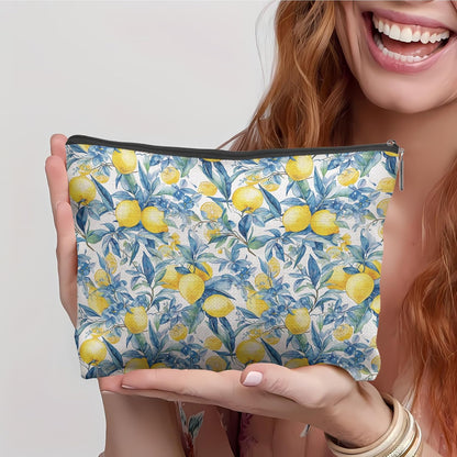 Blue Floral Bow Lemon Makeup Bag, Lemon Themed Gifts Cosmetic Bag for Women, Preppy Girly Summer Fruits Makeup Pouch,B104